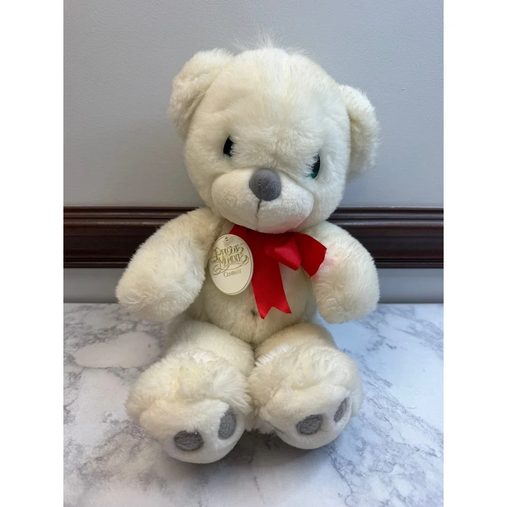 Precious Moments White Teddy Bear Plush Red Ribbon Teal Eyes Vintage Collectible